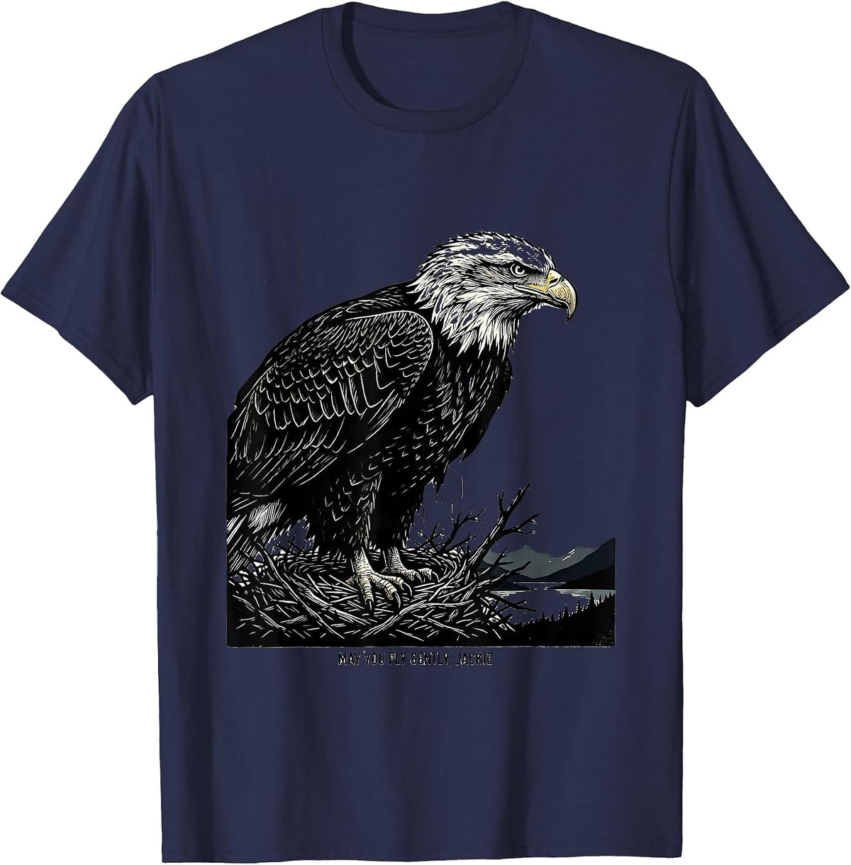 Men's May You Fly Gently, Jackie Linocut Bald Eagle Memorial T-Shirt - Navy Blue
