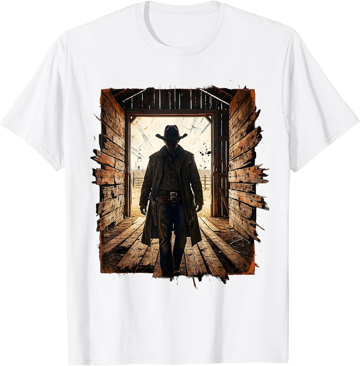 Men's Cowboy Standing in Barn Doorway Illustration T-Shirt - White