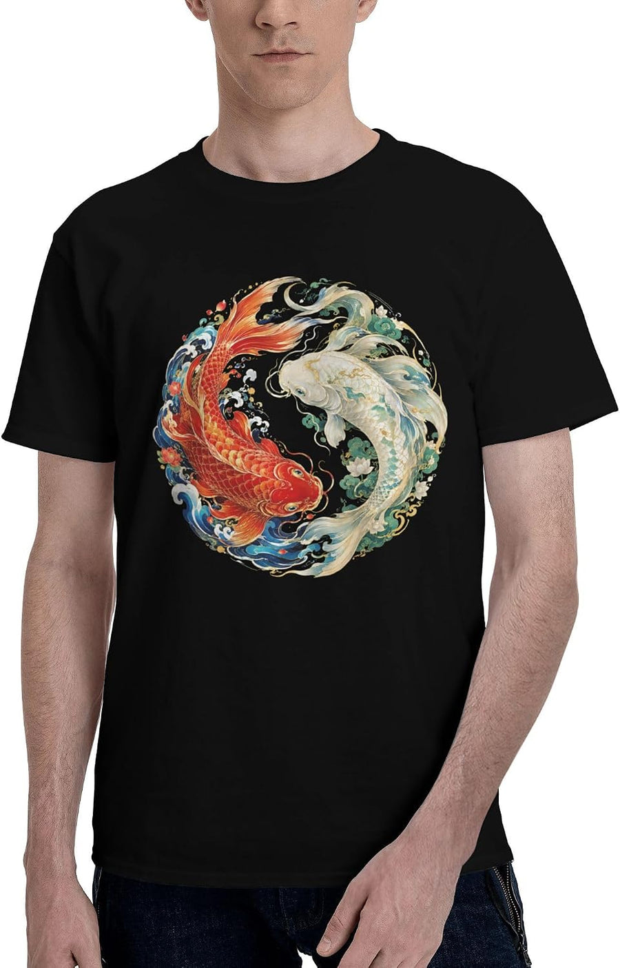 Cute Twin Koi Fish Floral Water Wave Art Vintage T-Shirts Men Casual Tops - Cute Twin Koi Fish Floral Water Wave Art Vintage