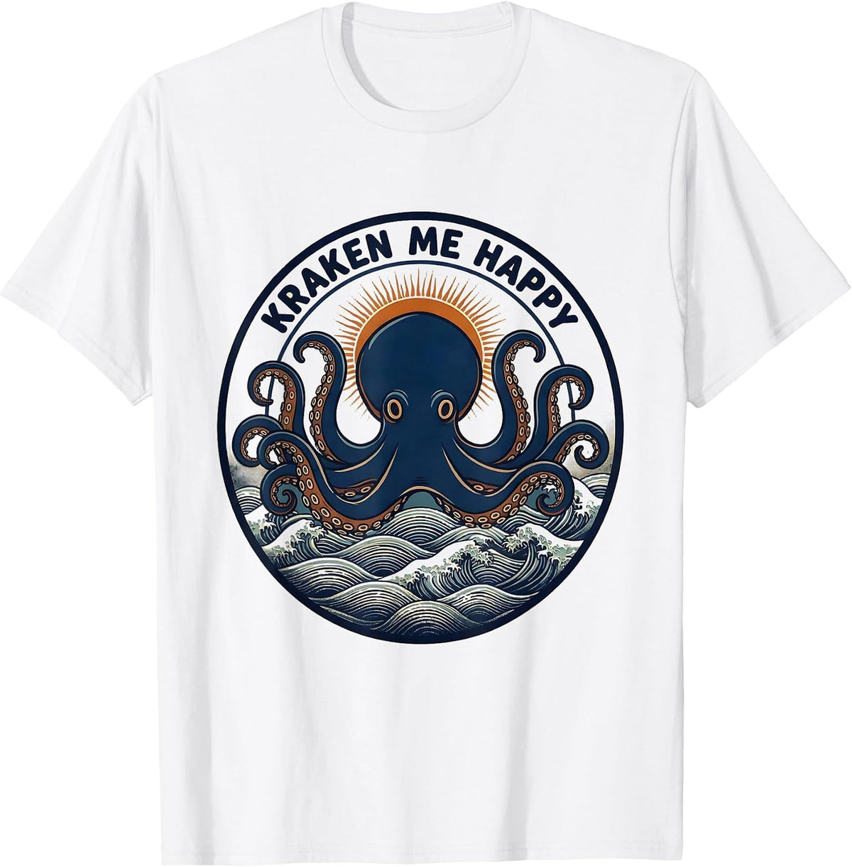 Men's Kraken Me Happy Ukiyo-e Octopus Lover Sea Creature T-Shirt - White