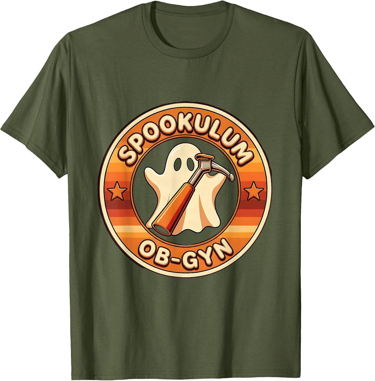 Men's Spookulum OB-GYN Retro 70s Halloween Nurse Medical Humor T-Shirt - Olive Green