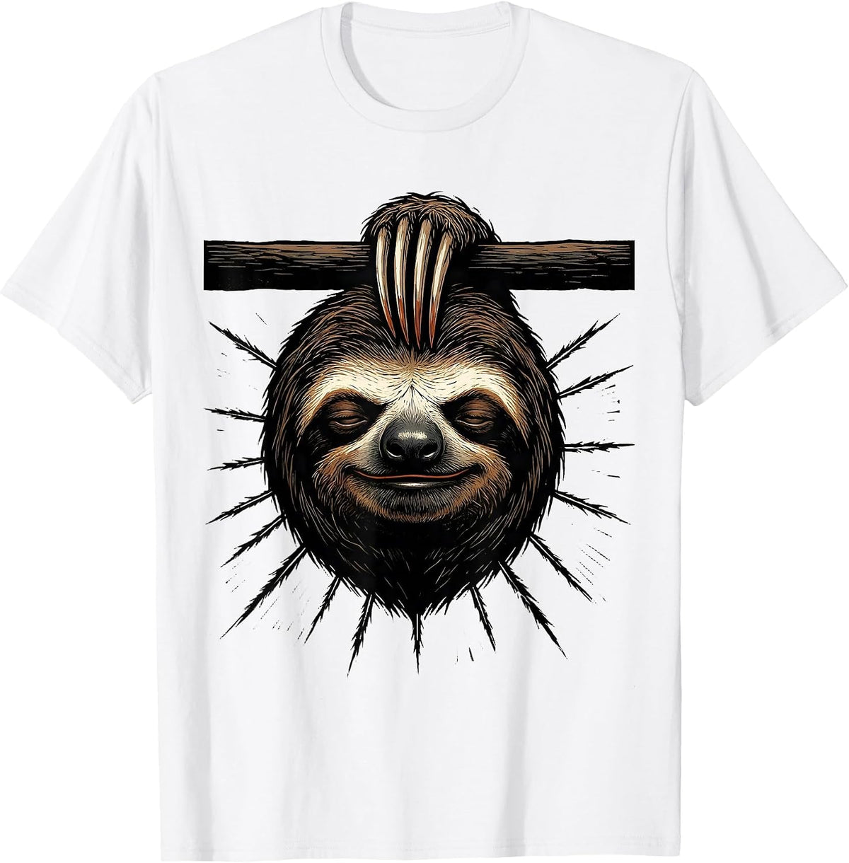 Men's Oversized Sloth Linocut Funny Animal Lover Humor T-Shirt - White