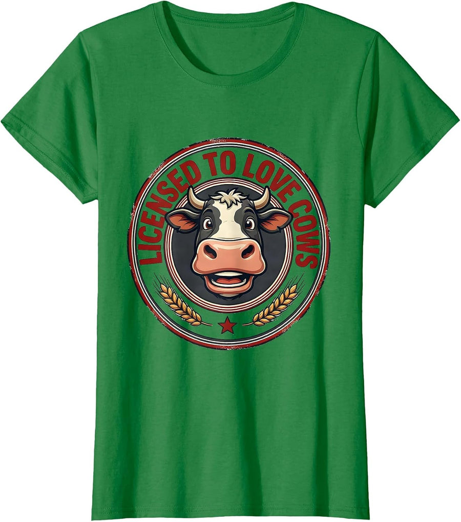 Women's Licensed To Love Cows Cartoon Cow Lover Boy Farm Kid T-Shirt - Kelly Green
