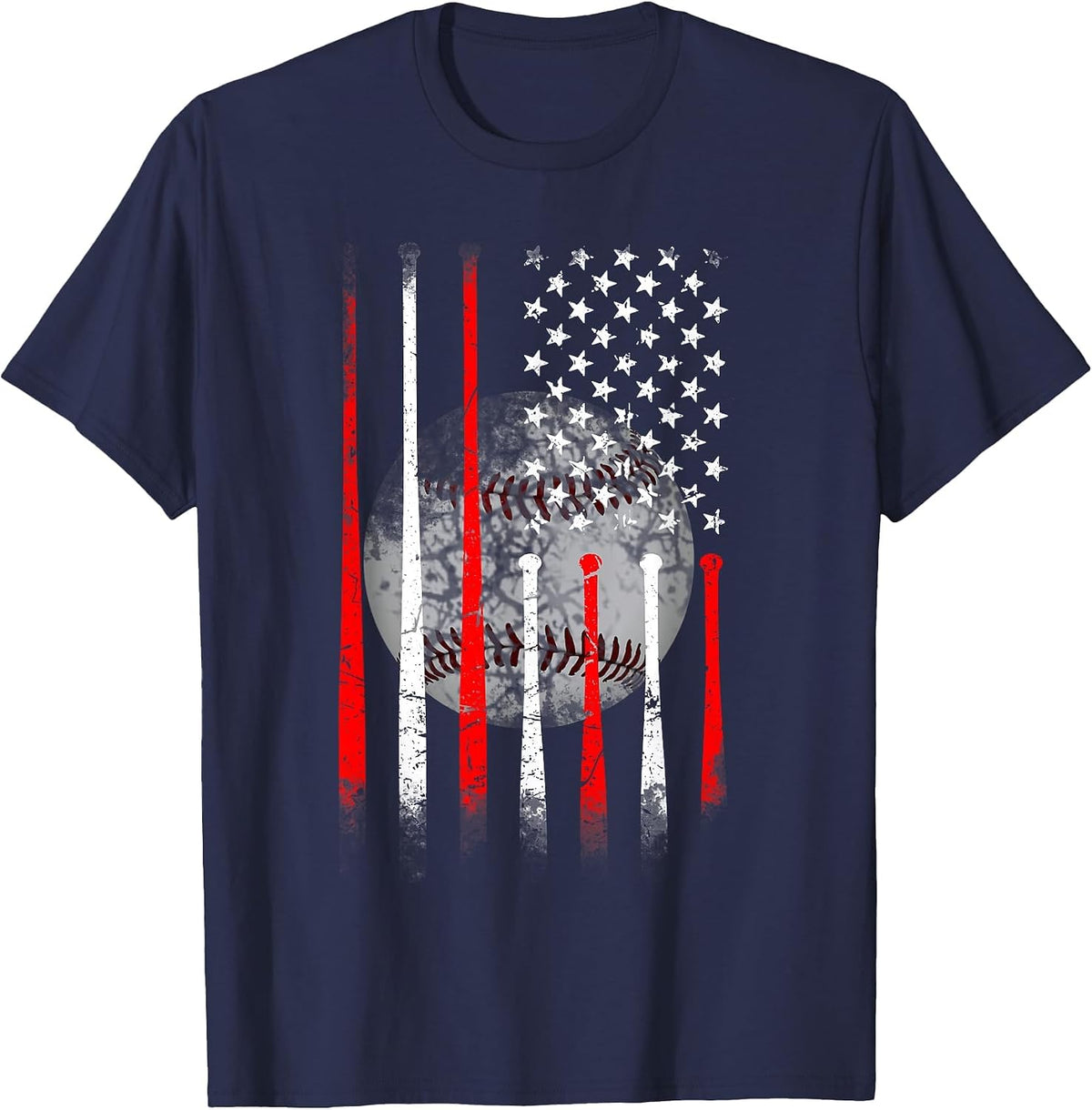 Baseball USA Flag American Flag Vintage T-Shirt - Navy Blue