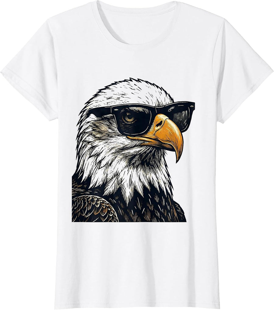 Women's Bald Eagle Linocut Mascot Humor Novelty Eagle Lover T-Shirt - White