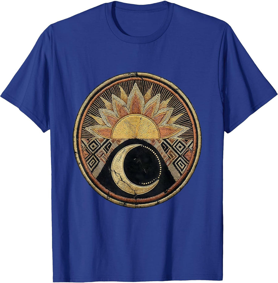 Poncho Sun and Moon Embroidery Illustration T-Shirt - Royal Blue