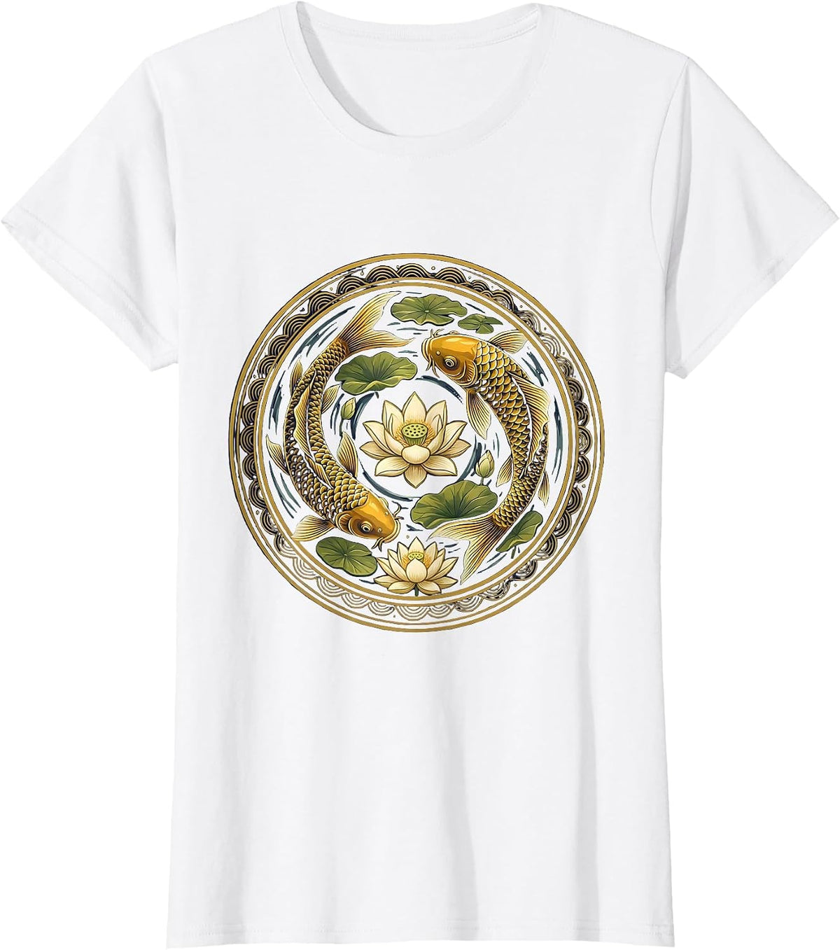 Koi and Lotus Flowers Japanese Pond Design T-Shirt - White