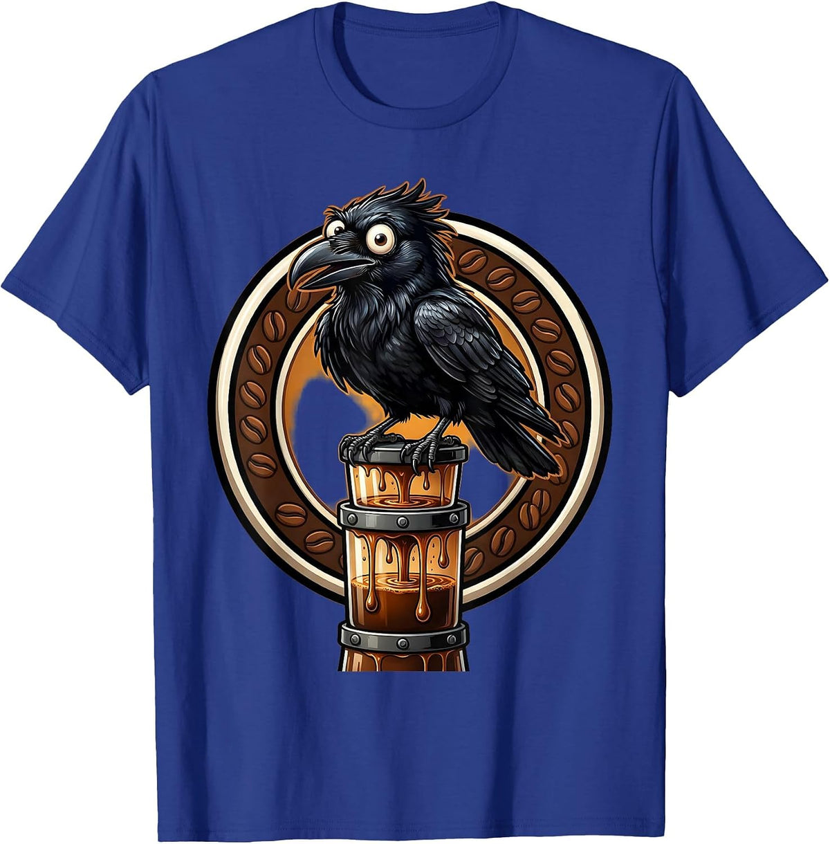Crow Perched on Drip Coffee Tower Illustration T-Shirt - Royal Blue