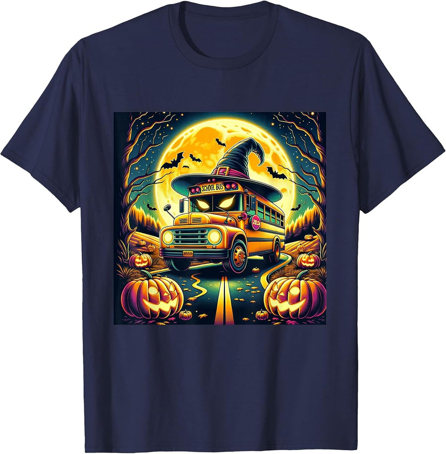 Vintage Halloween School Bus Witch Hat and Pumpkins Spooky T-Shirt - Navy Blue