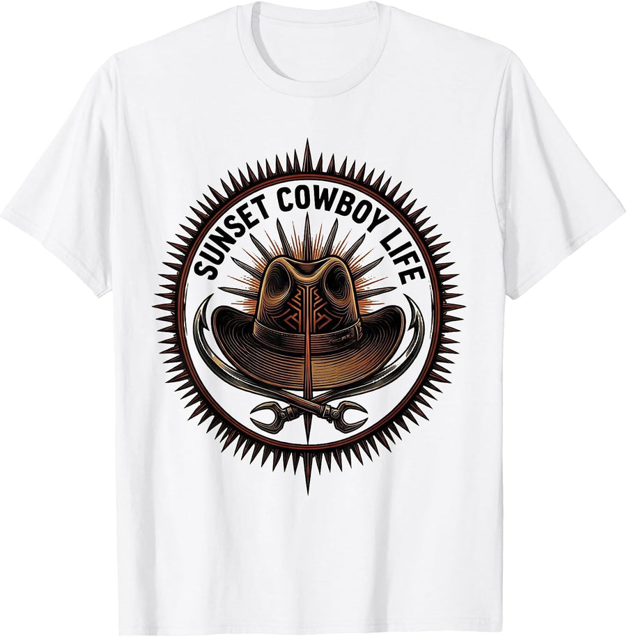 Men's Sunset Cowboy Life Western Graphic Design T-Shirt - White