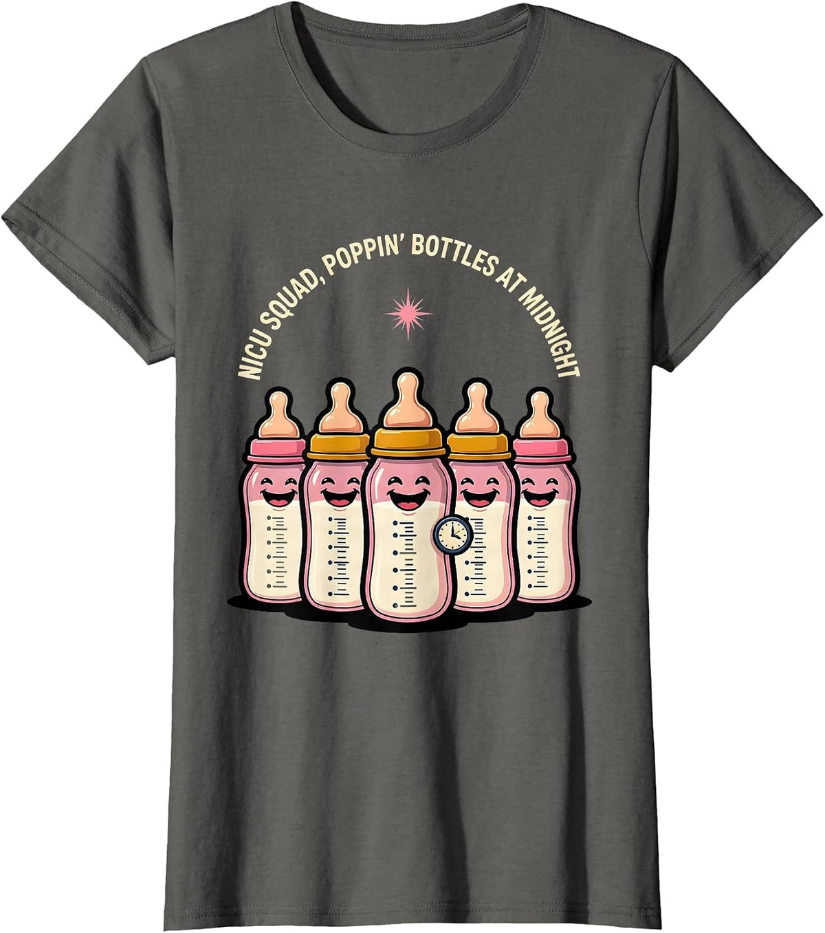 Women's NICU Squad Poppin Bottles At Midnight Nurse T-Shirt - Asphalt Grey