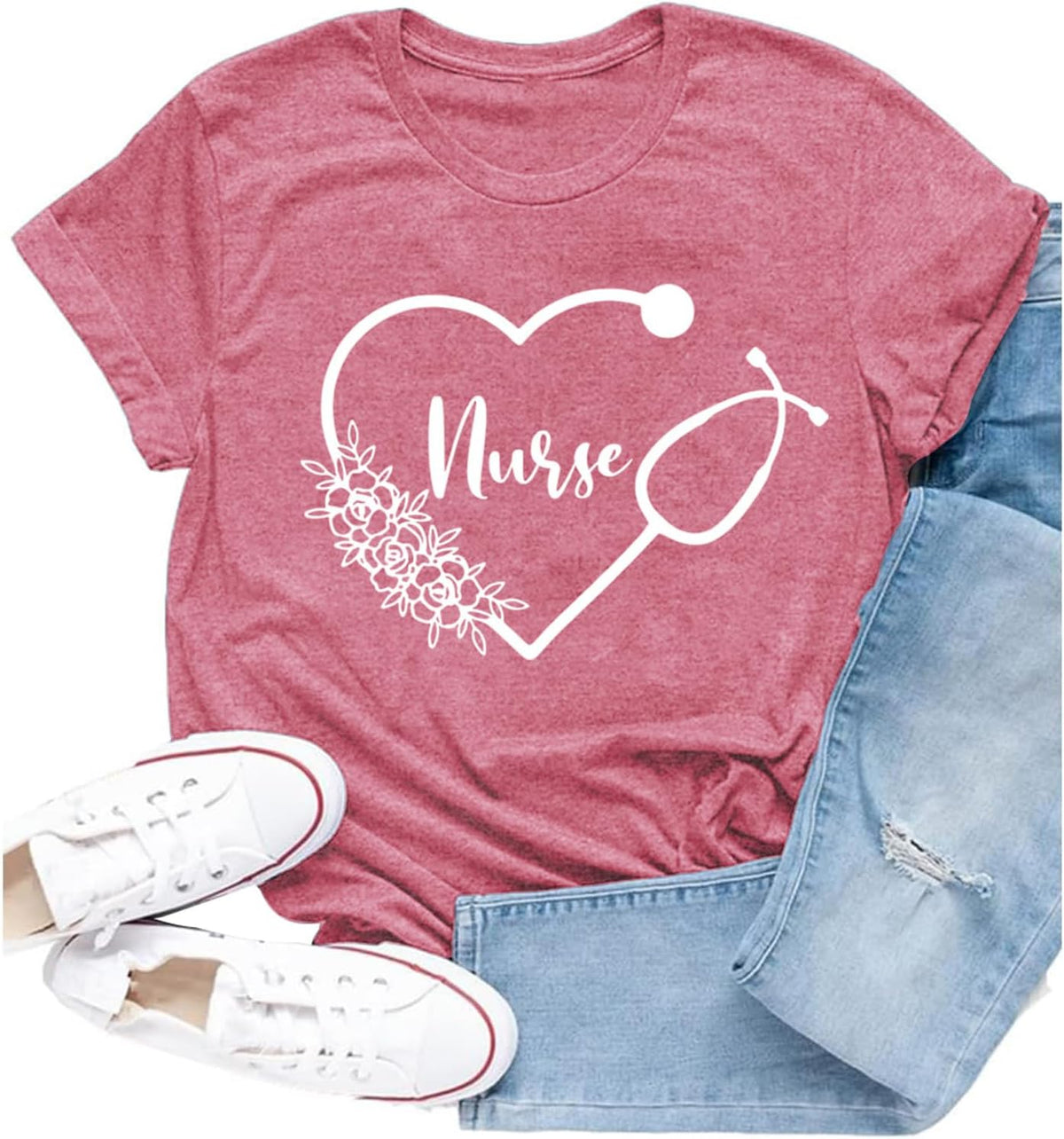 Womens Nurse Shirt Nurse Week Tee Nursing Stethoscope Heart Tops - Pink