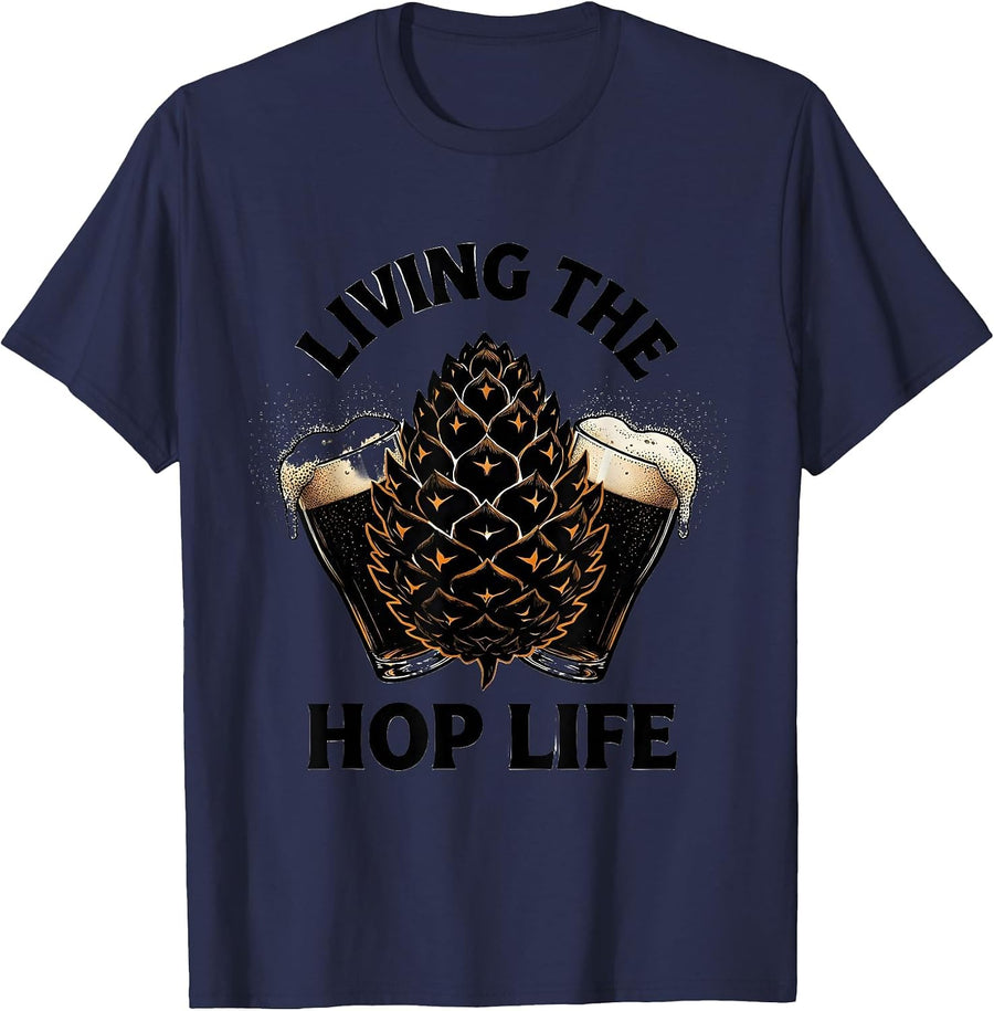 Living the Hop Life Beer Lover Graphic Design T-Shirt - Navy Blue