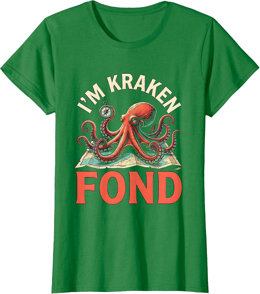 Women's I'm Kraken Fond Vintage Octopus Sea Monster Ocean Lover T-Shirt - Kelly Green