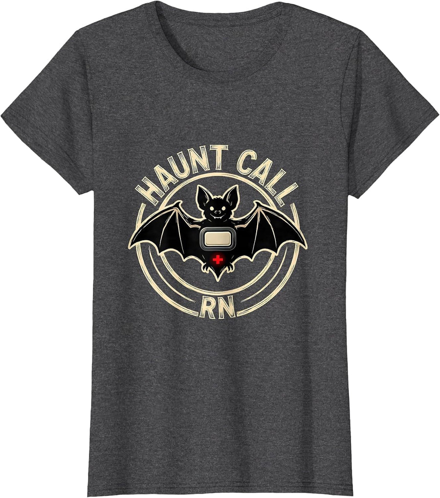 Women's Haunt Call RN Funny Halloween Nurse Medical Humor T-Shirt - Dark Heather Grey