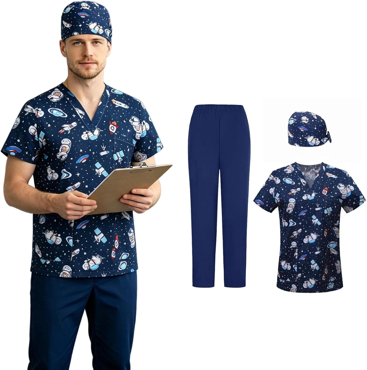 3Pcs Unisex Scrubs set with cute printed V-neck tops Scrub Pants Cap,soft, casual nurse uniform with multi-pockets - Dark