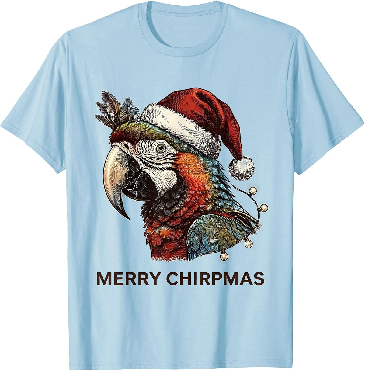 Men's Merry Chirpmas Crosshatch Etching Parrot Lover Christmas T-Shirt - Baby Blue