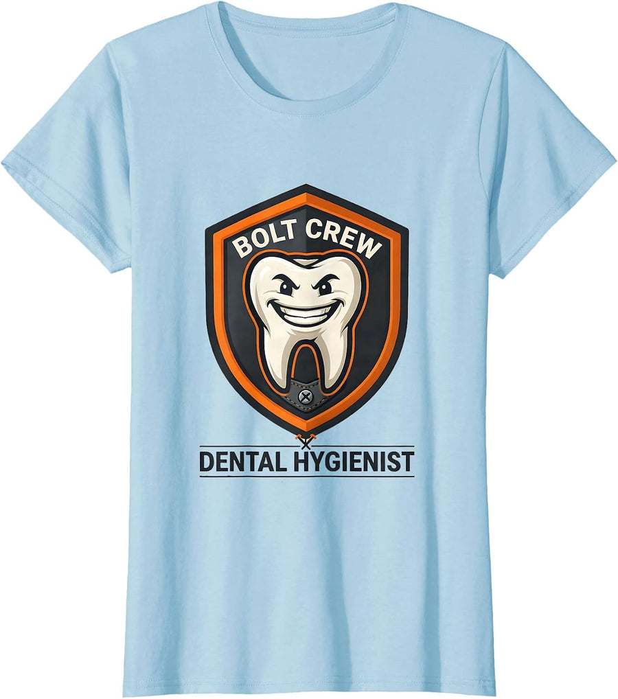 Women's Bolt Crew Dental Hygienist Playful Halloween Dental Squad T-Shirt - Baby Blue