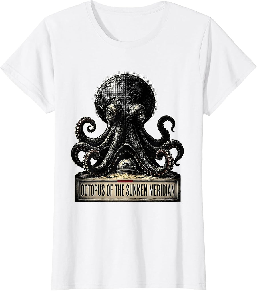 Women's Octopus of the Sunken Meridian Blackwork Dotwork Ocean T-Shirt - White