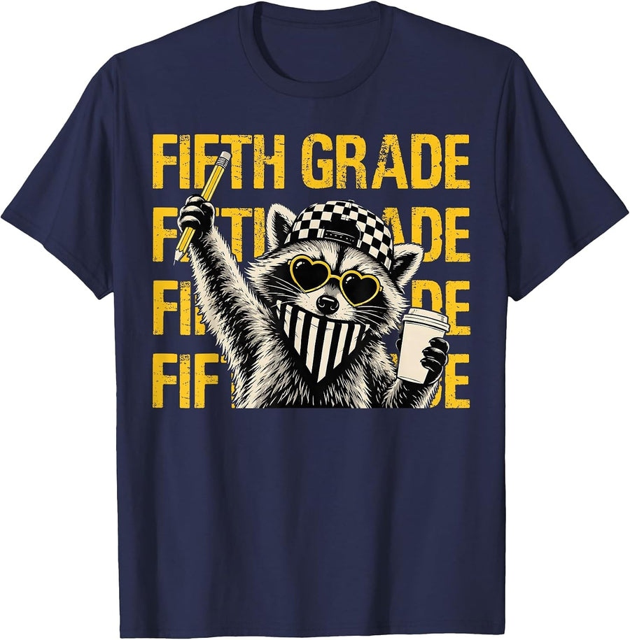 Funny Fifth Grade Teacher Feral Raccoon Back to School T-Shirt - Navy Blue