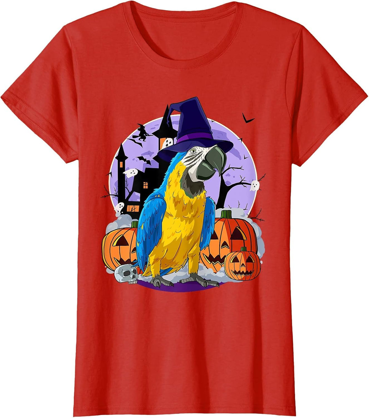 Cute Blue-and-Yellow Macaw Halloween Witch Pumpkin T-Shirt - Red