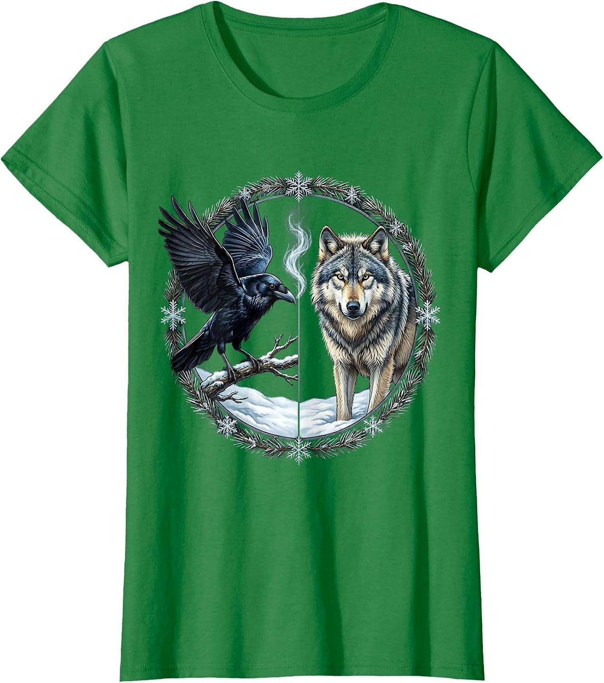 Crow and Wolf Eye to Eye in Snow Illustration T-Shirt - Kelly Green