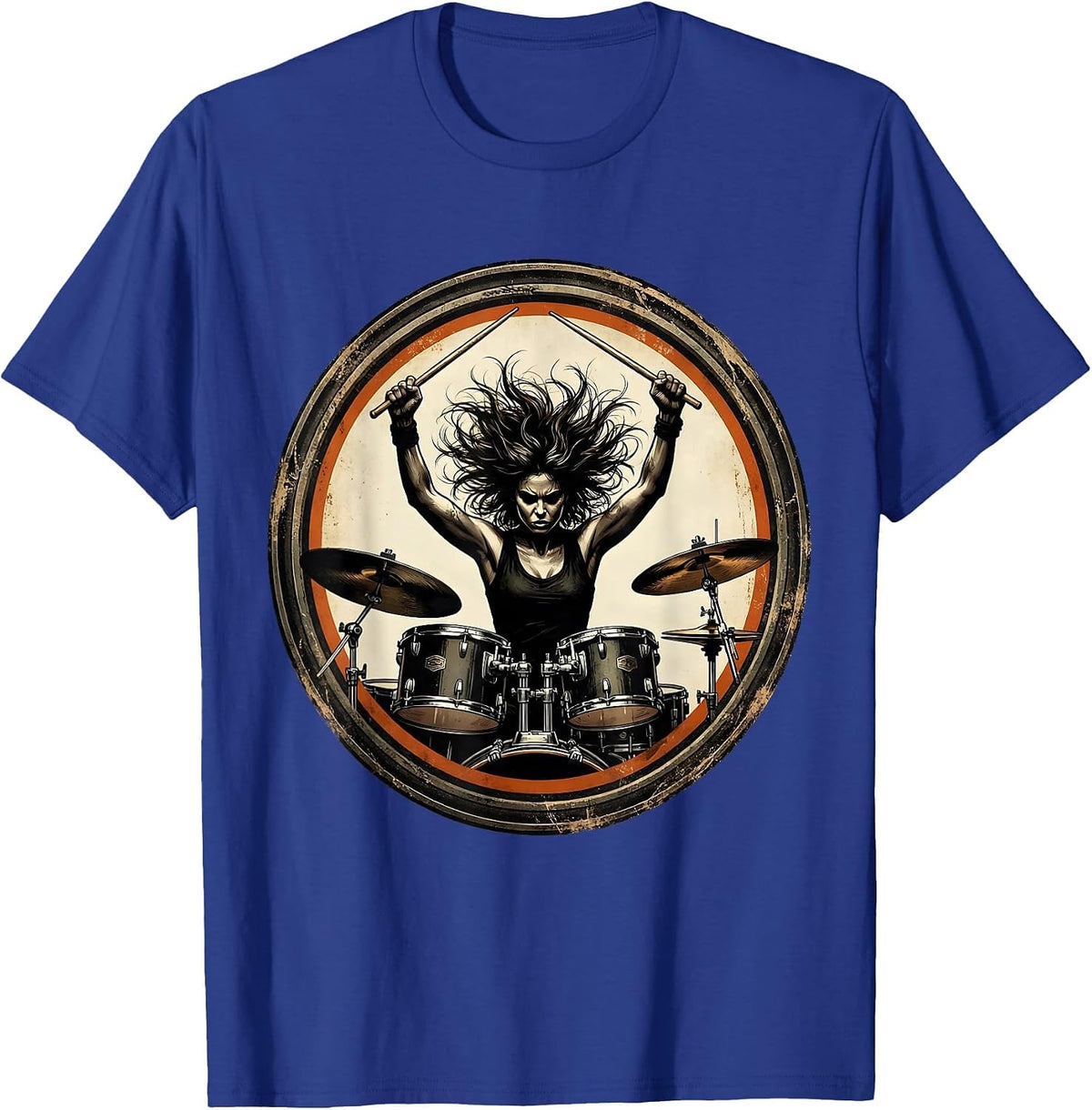 Fierce Drummer Mid-Strike Overhead Illustration T-Shirt - Royal Blue