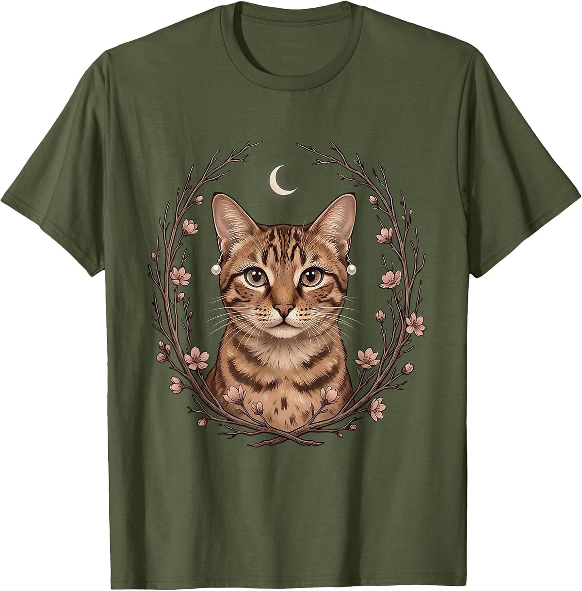 Men's Gigi Cat with Pearl Earrings Illustration T-Shirt - Olive Green