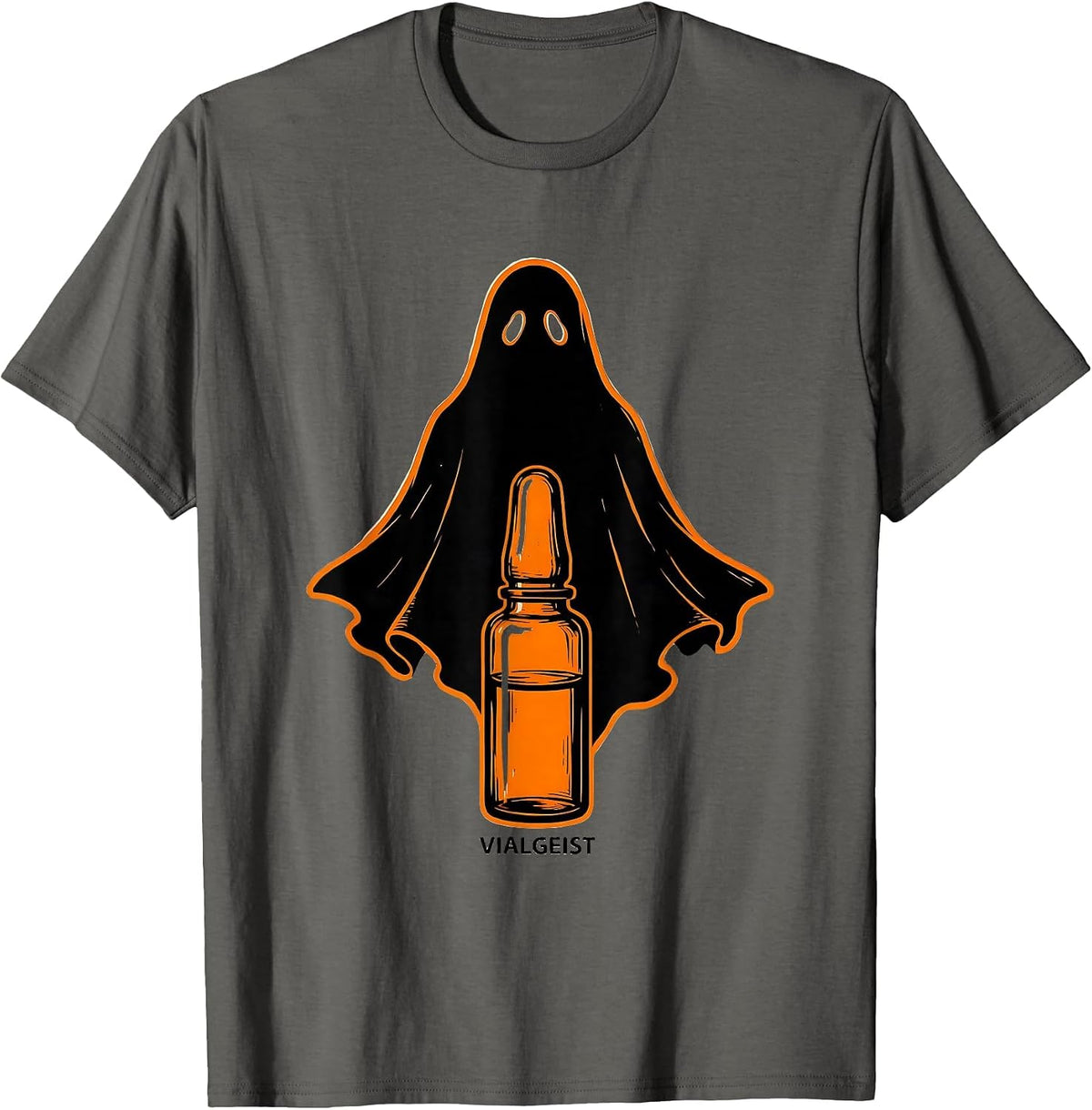 Vialgeist Stencil Ghost Pharmacy Staff Halloween Humor T-Shirt - Asphalt Grey