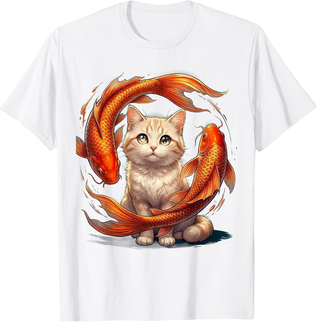 Cat and Koi Fish Zen Nature Illustration T-Shirt - White