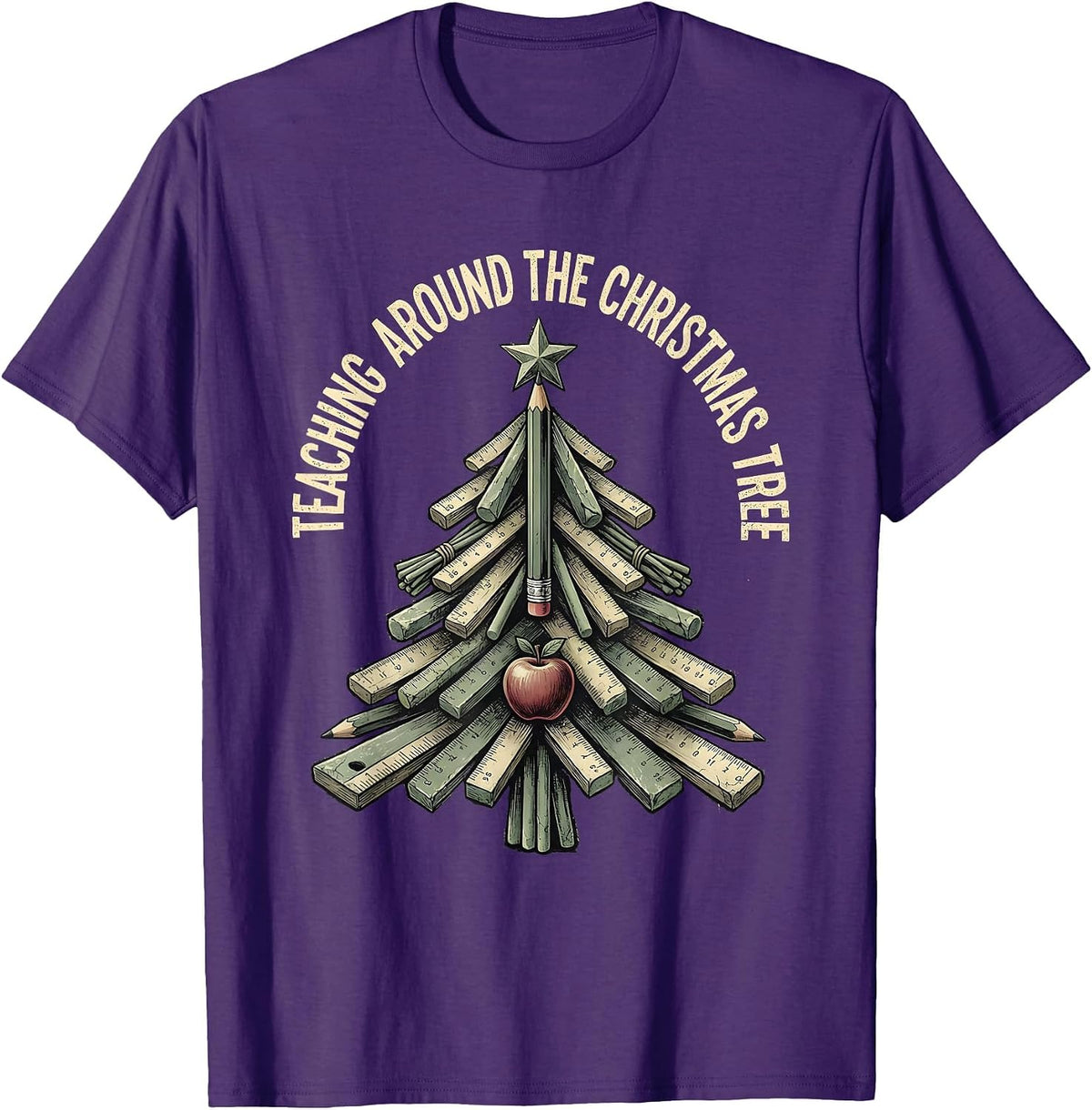 Teaching Around The Christmas Tree Distressed Funny Teacher T-Shirt - Purple