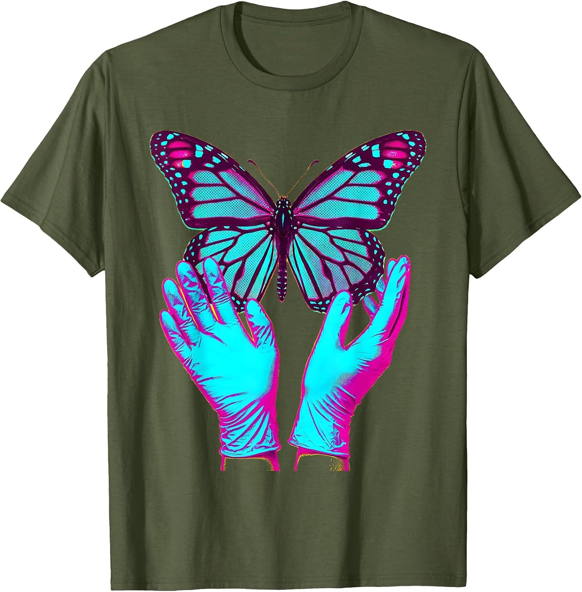 Nurse Surgical Gloves Butterfly Graphic Tee T-Shirt - Olive Green