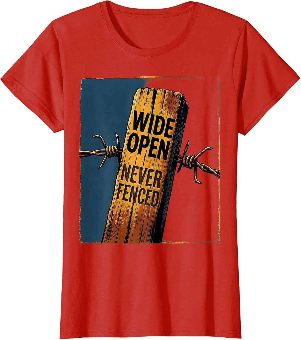 Wide Open Never Fenced Western Freedom Design T-Shirt - Red