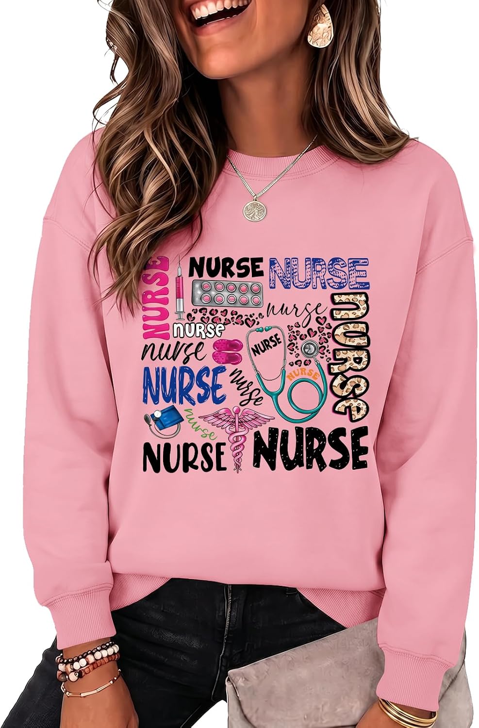 Nurse Sweatshirt for Women Graphic Crewneck Long Sleeve Stethoscope Nursing Sweatshirts Nurses Christmas Pullover - Pink