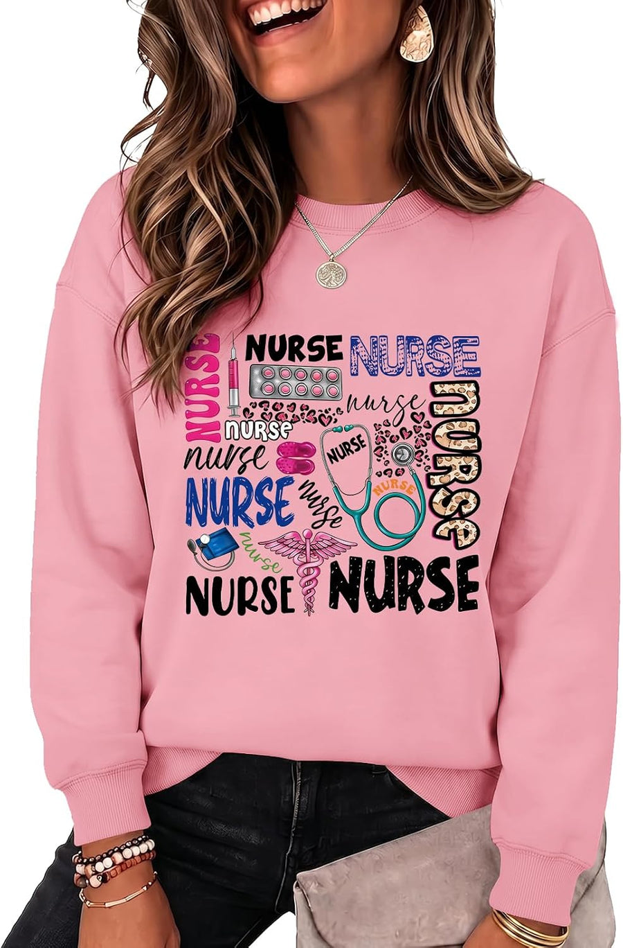 Nurse Sweatshirt for Women Graphic Crewneck Long Sleeve Stethoscope Nursing Sweatshirts Nurses Christmas Pullover - Pink