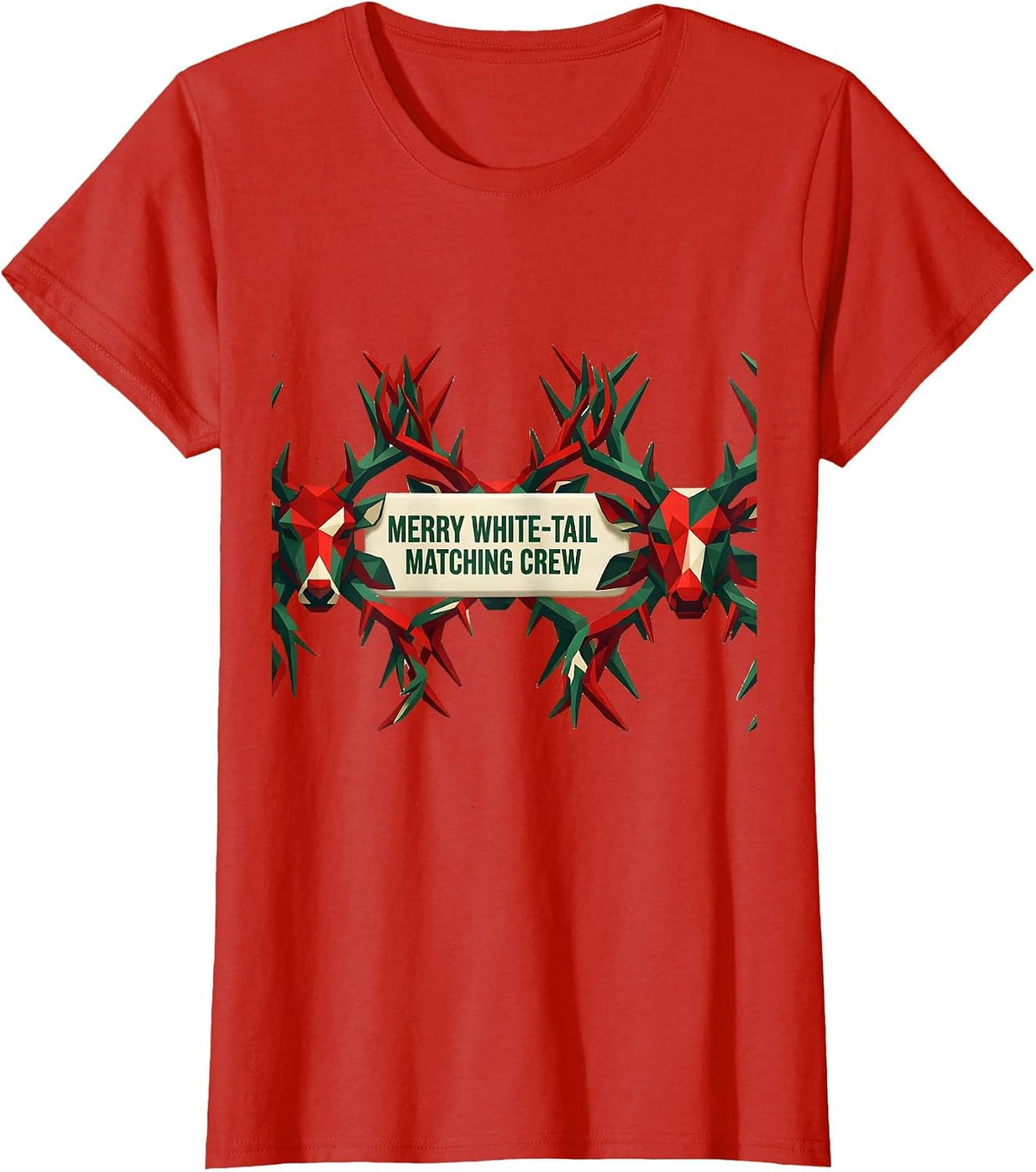 Merry White-Tail Matching Crew Geometric Camo Deer Hunting T-Shirt - Red