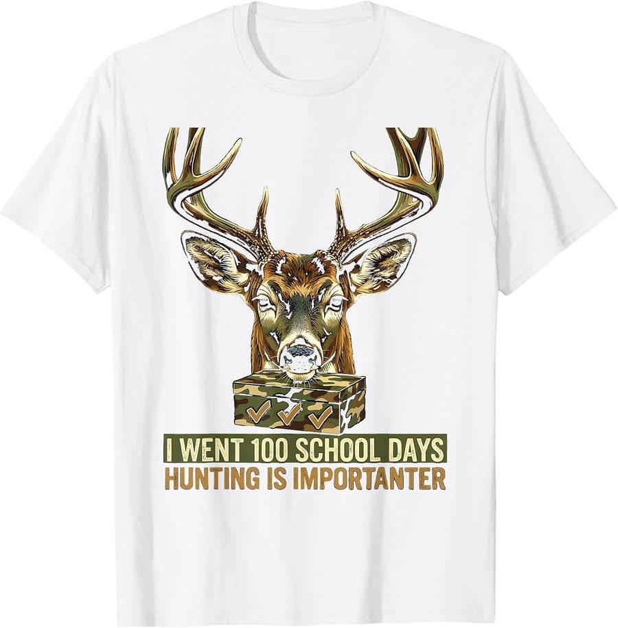 I Went 100 School Days, Hunting Is Importanter Camo T-Shirt - White