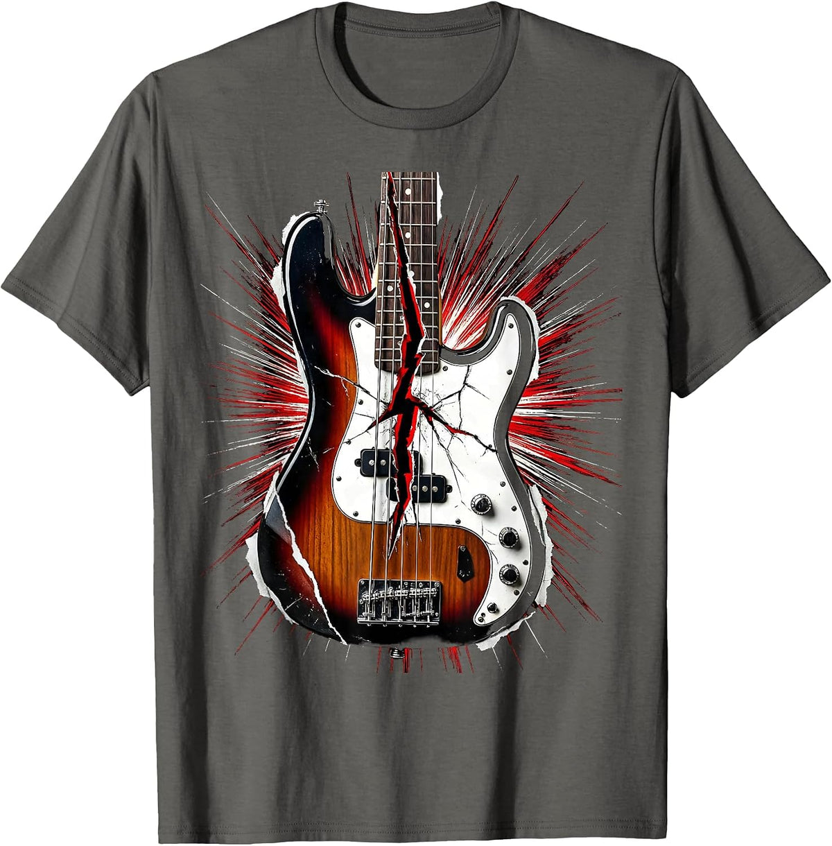 Bass Guitar Lightning Bolt Crack Graphic Tee T-Shirt - Asphalt Grey
