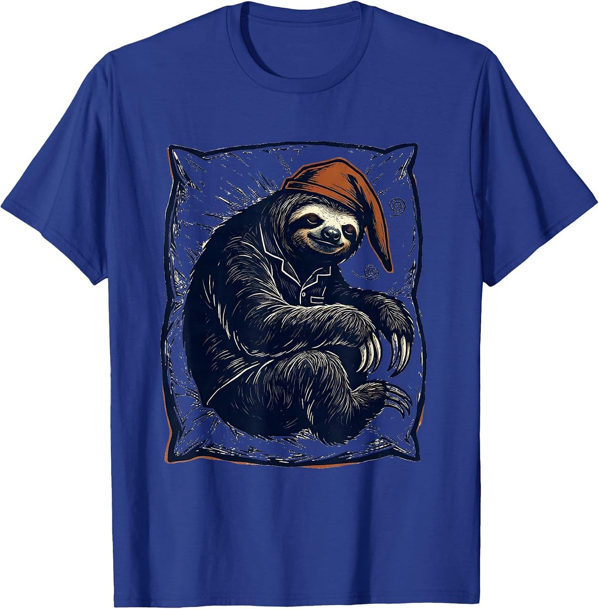 Sloth Pajama Linocut Funny Sleepwear Gift T-Shirt - Royal Blue
