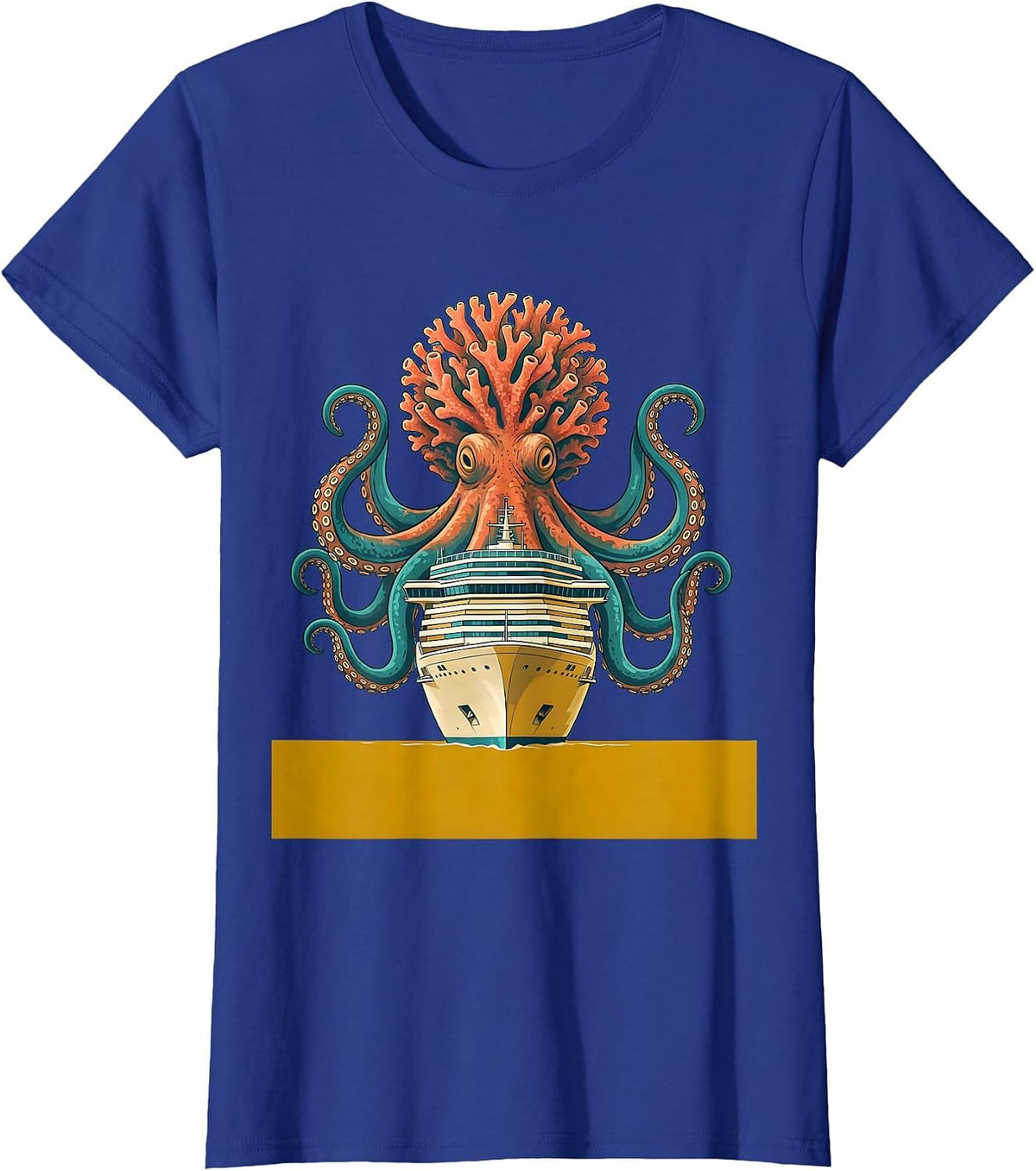 Women's Giant Octopus Attacking Cruise Ship Illustration T-Shirt - Royal Blue
