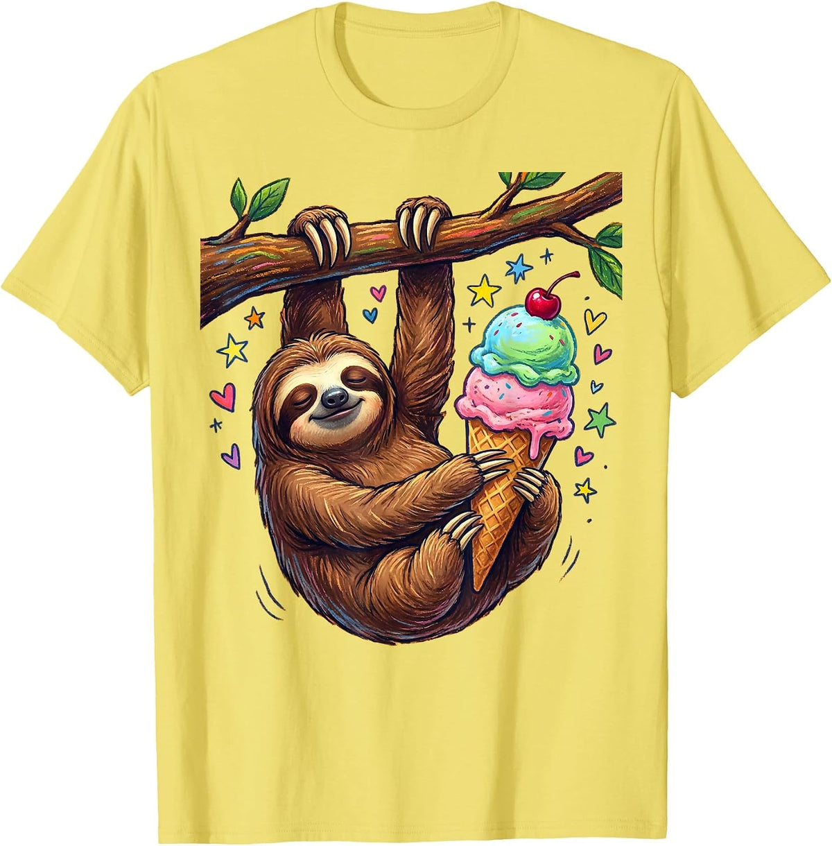 Men's Funny Sloth Hanging Upside Down Eating Ice Cream T-Shirt - Lemon Yellow