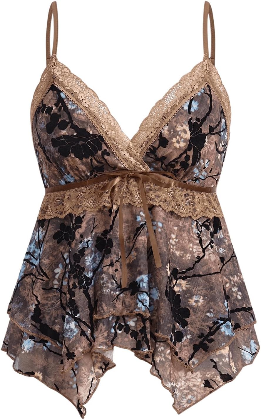 Verdusa Women's Y2K Tops Babydoll Tank Tops Lace Cute Going Out Shirt - Brown