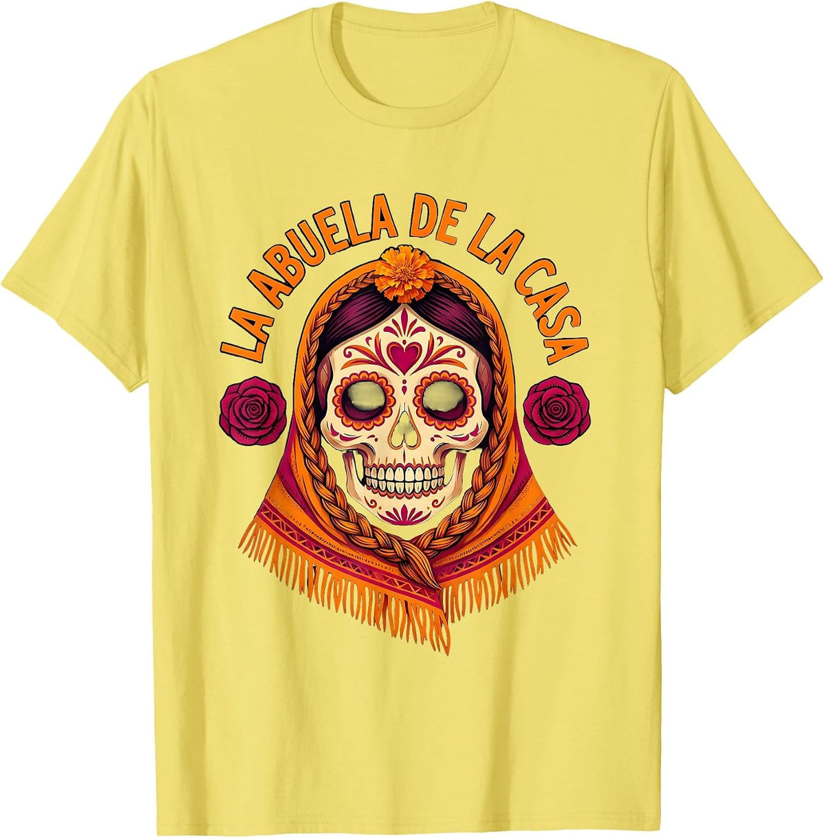 Men's La Abuela de la Casa Day of the Dead Sugar Skull Folk Art T-Shirt - Lemon Yellow