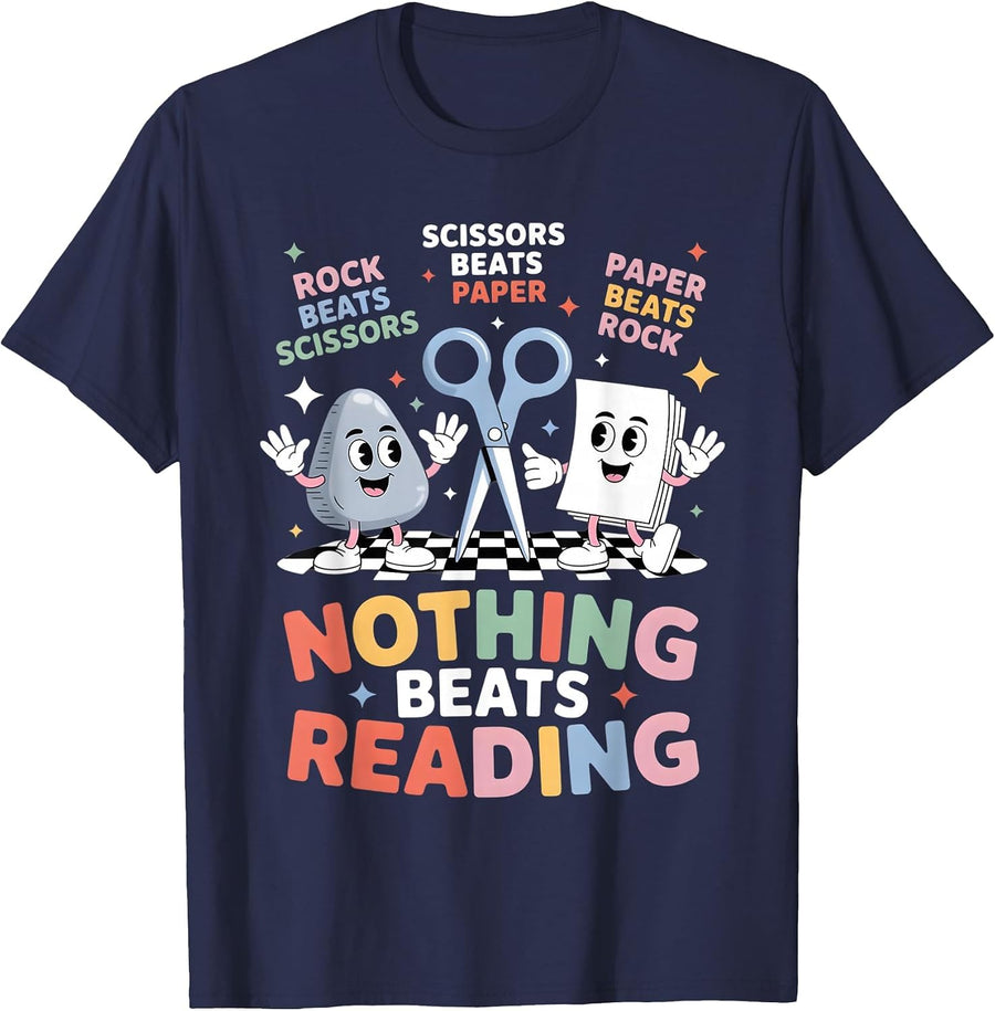 Nothing Beats Reading Teacher Librarian Rock Paper Scissors Tees T-Shirts for Men Women Kids Bookworm - Navy Blue