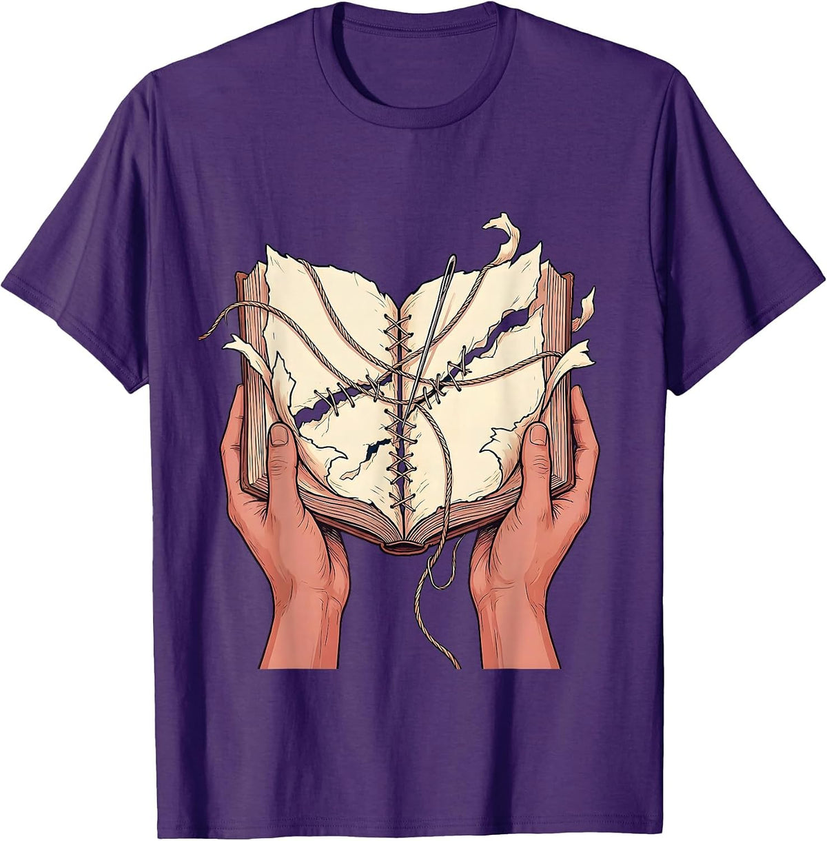 Mending Pages Hand Stitching Torn Book Art T-Shirt - Purple