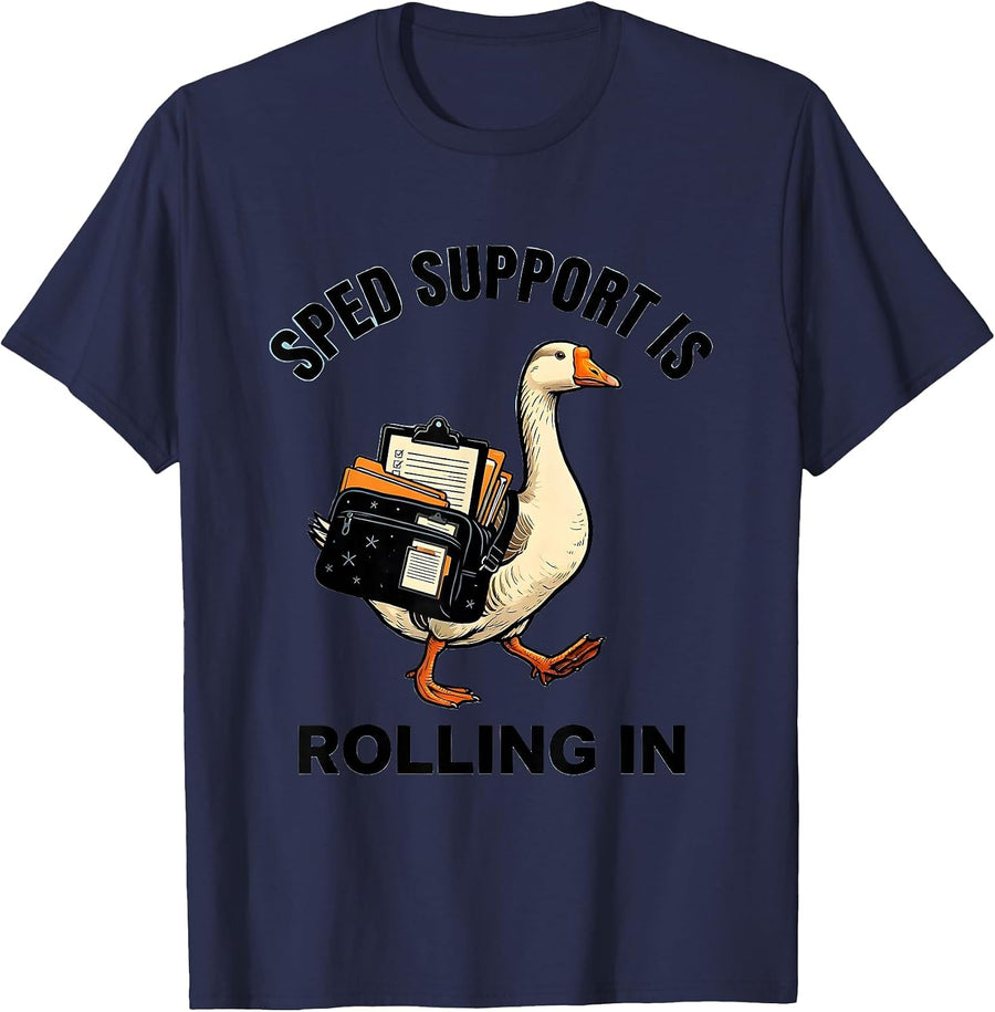 SPED Support Is Rolling In Funny Special Education Teacher T-Shirt - Navy Blue