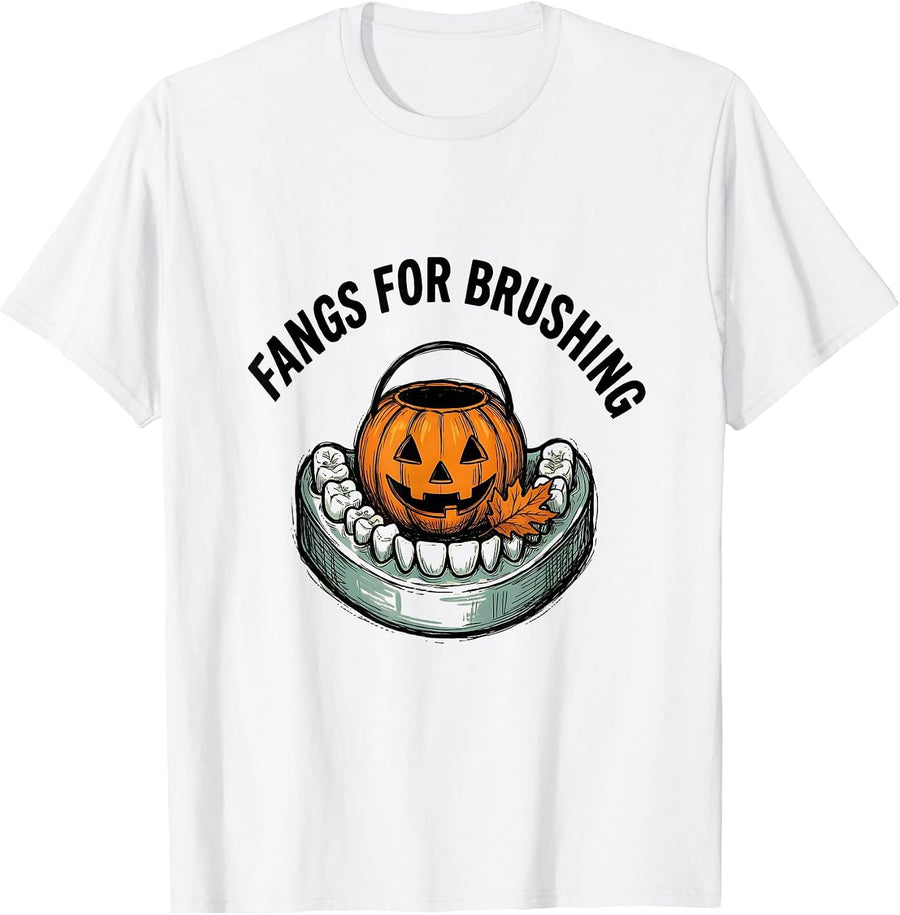 Men's Fangs For Brushing Funny Dental Hygienist Halloween Dental T-Shirt - White