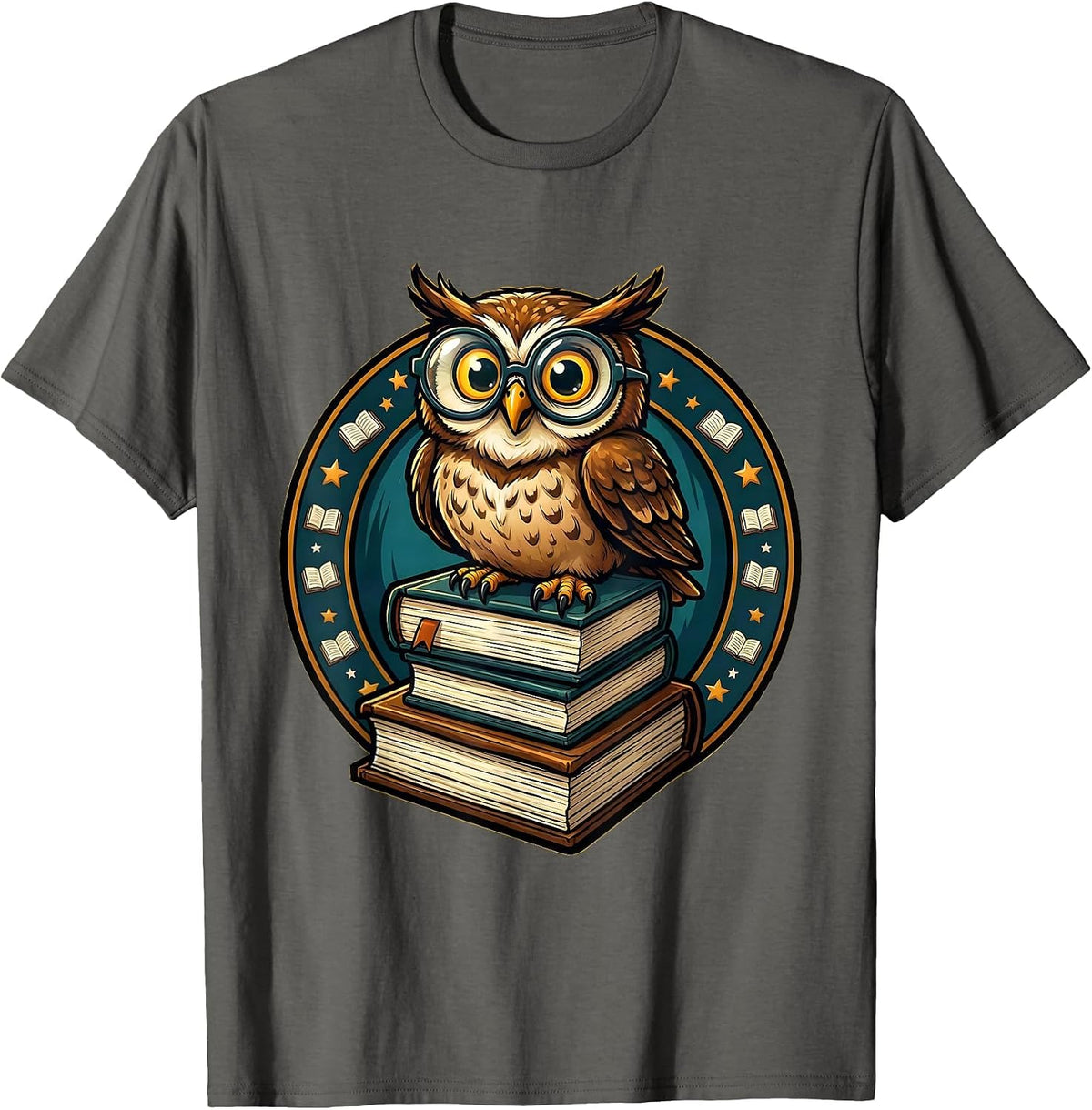 Men's Reading Teacher Owl Perched on Stack of Books T-Shirt - Asphalt Grey