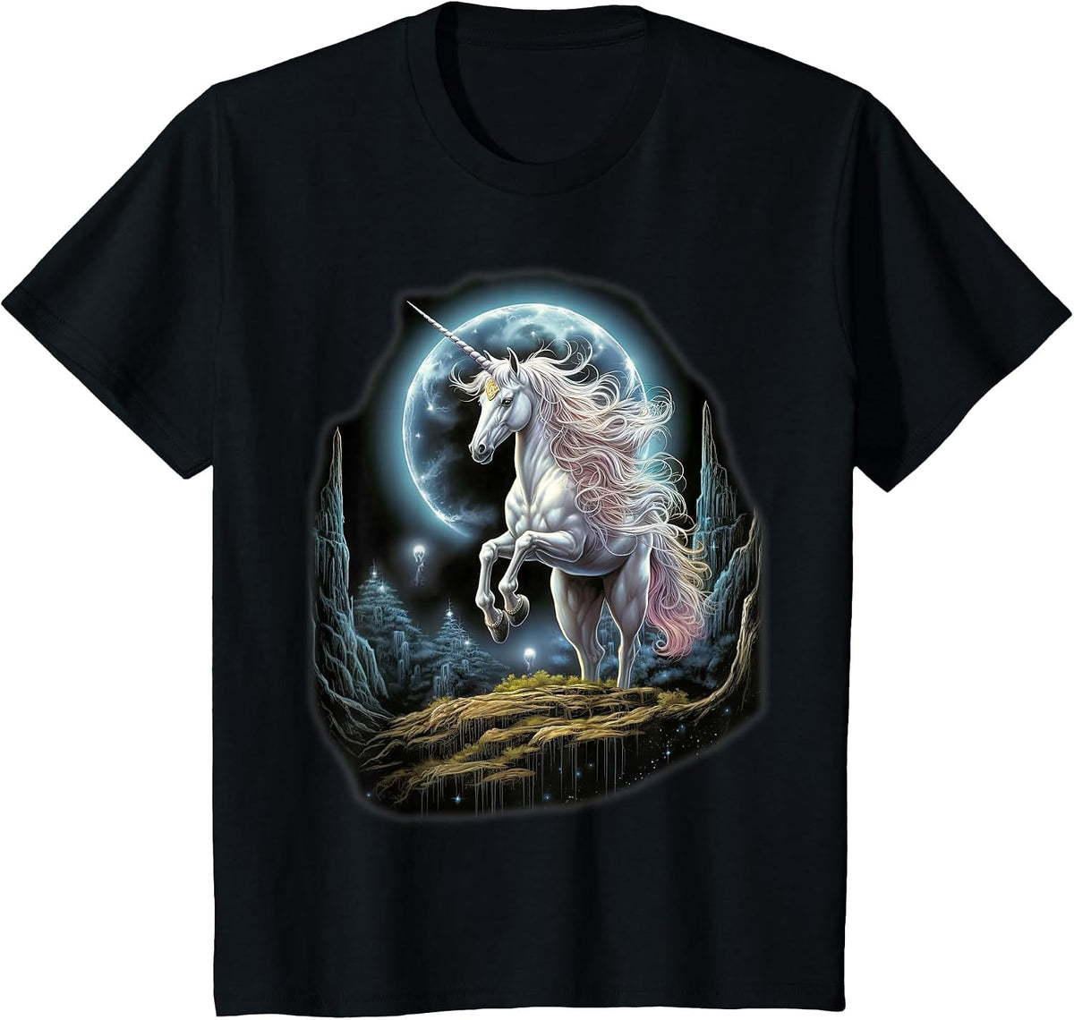 Fantasy White Unicorn Standing on Hill with Moon T-Shirt - Black