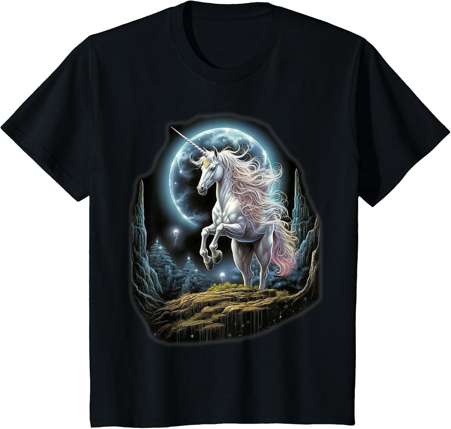 Fantasy White Unicorn Standing on Hill with Moon T-Shirt - Black